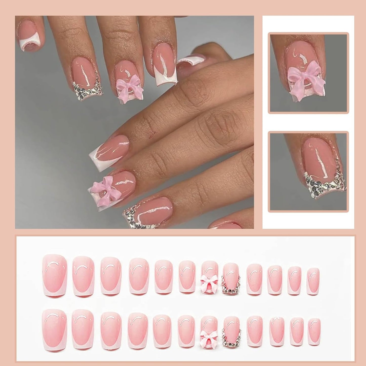 24 stuks roze diamanten boog French manicure tabletten vierkante nagels strass patroon naakt roze kunstnagels volledige dekking lijm manicure