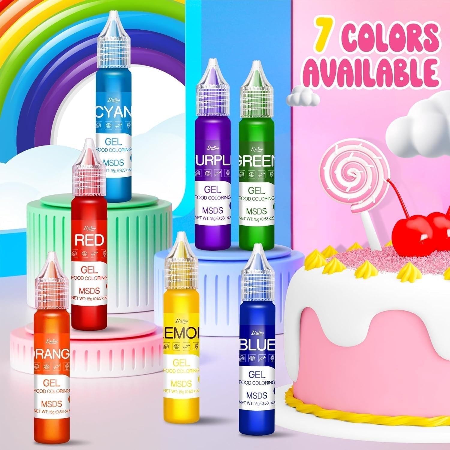 Gelvoedselkleuring - Regenboogkleurstof voor taarten, bakken, koekjes, bitterkoekjes - Geconcentreerde suikervrije kleurstof voor het versieren van taarten, drankjes, paaseieren, slijm - elk 15 g