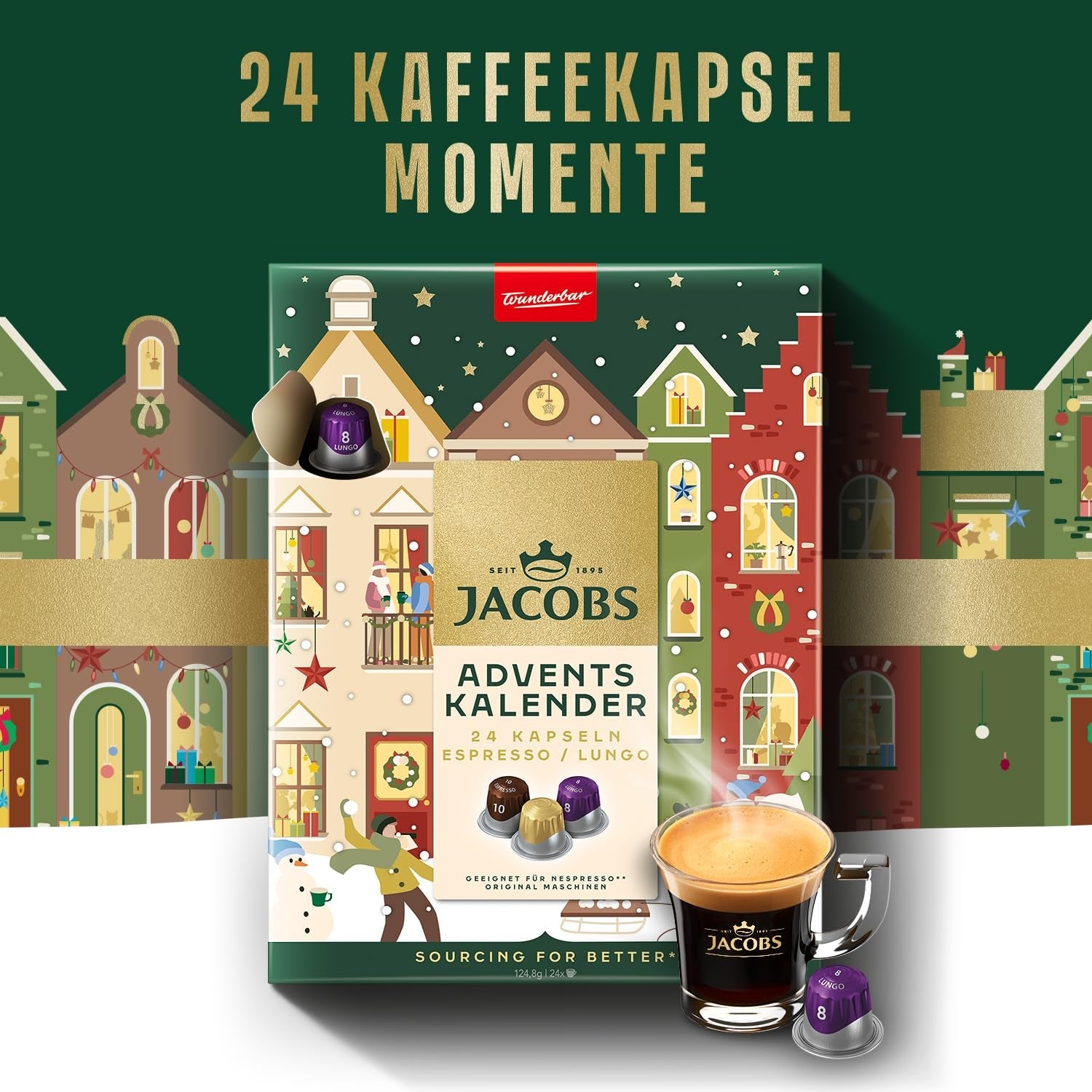 Jacobs Kapsel Adventskalender, 24 Espresso/Lungo Kapseln, Nespresso* compatibel Kaffee Kapseln, 24 Kapseln