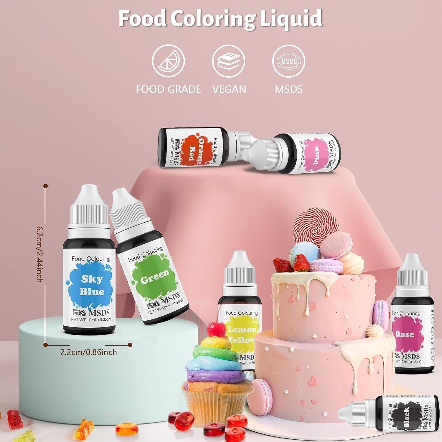 Kleurstof voor levensmiddelen 9 x 10 ml, vloeibare kleurstof voor levensmiddelen - kleurstofset voor het versieren van taarten, macarons, donuts, fudge, glazuur, doe-het-zepen, ijs, zeepkleurstof, spuitpistoolkleurstof