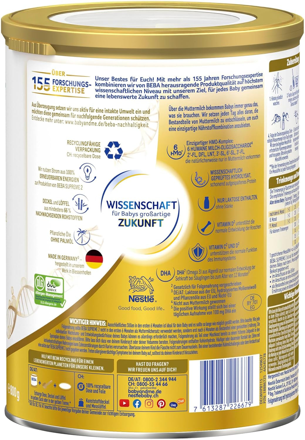 BEBA SUPREME 2 Opvolgmelk na 6 maanden, alleen lactose, palmolievrij, verpakking van 6 (6 x 800g) Naty Shop
