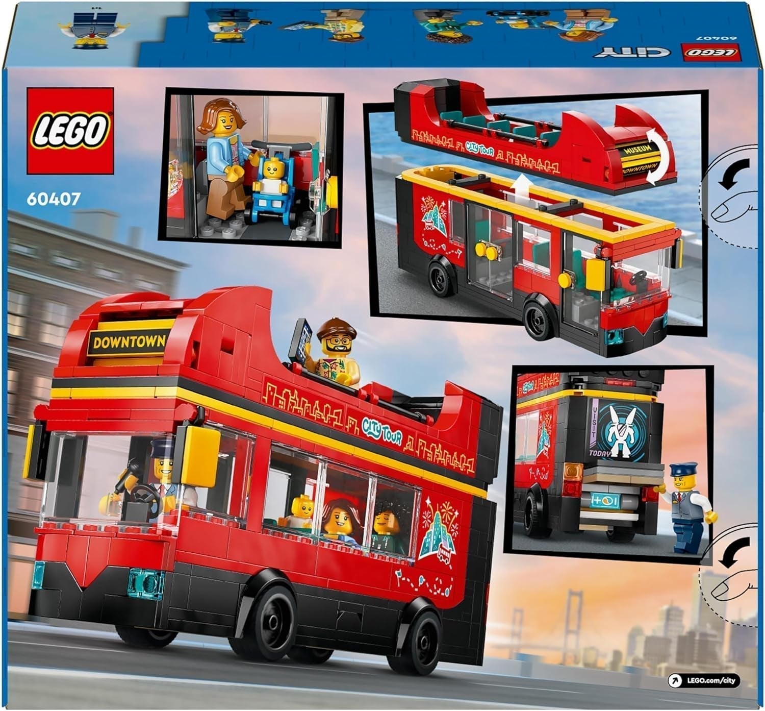 LEGO City dubbeldekkerbus, dubbeldekker speelgoedbus, voertuigset voor meisjes en jongens vanaf 7 jaar, bevat 5 figuren, waaronder een baby in een kinderwagen 60407 Bouwsets Besuche den LEGO-Store