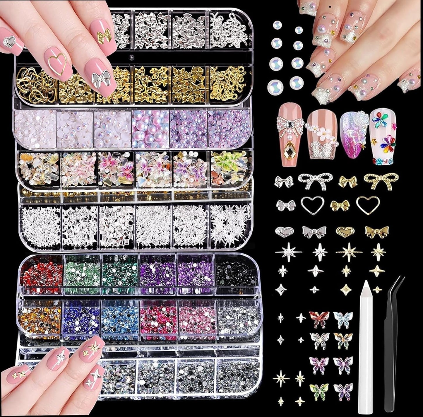 Nail Charms,6 Boxen Gold Silber Nagel Charms 3D Gold Bogen Stern Nail Art Decoratie+6200 Strasssteine ​​Bunt Steine ​​AB Perlen Diamanten,3D Legierung Bow Nail Gems Nagel Deko Für Frauen Nagel (6-A)