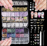Nail Charms,6 Boxen Gold Silber Nagel Charms 3D Gold Bogen Stern Nail Art Decoratie+6200 Strasssteine ​​Bunt Steine ​​AB Perlen Diamanten,3D Legierung Bow Nail Gems Nagel Deko Für Frauen Nagel (6-A)