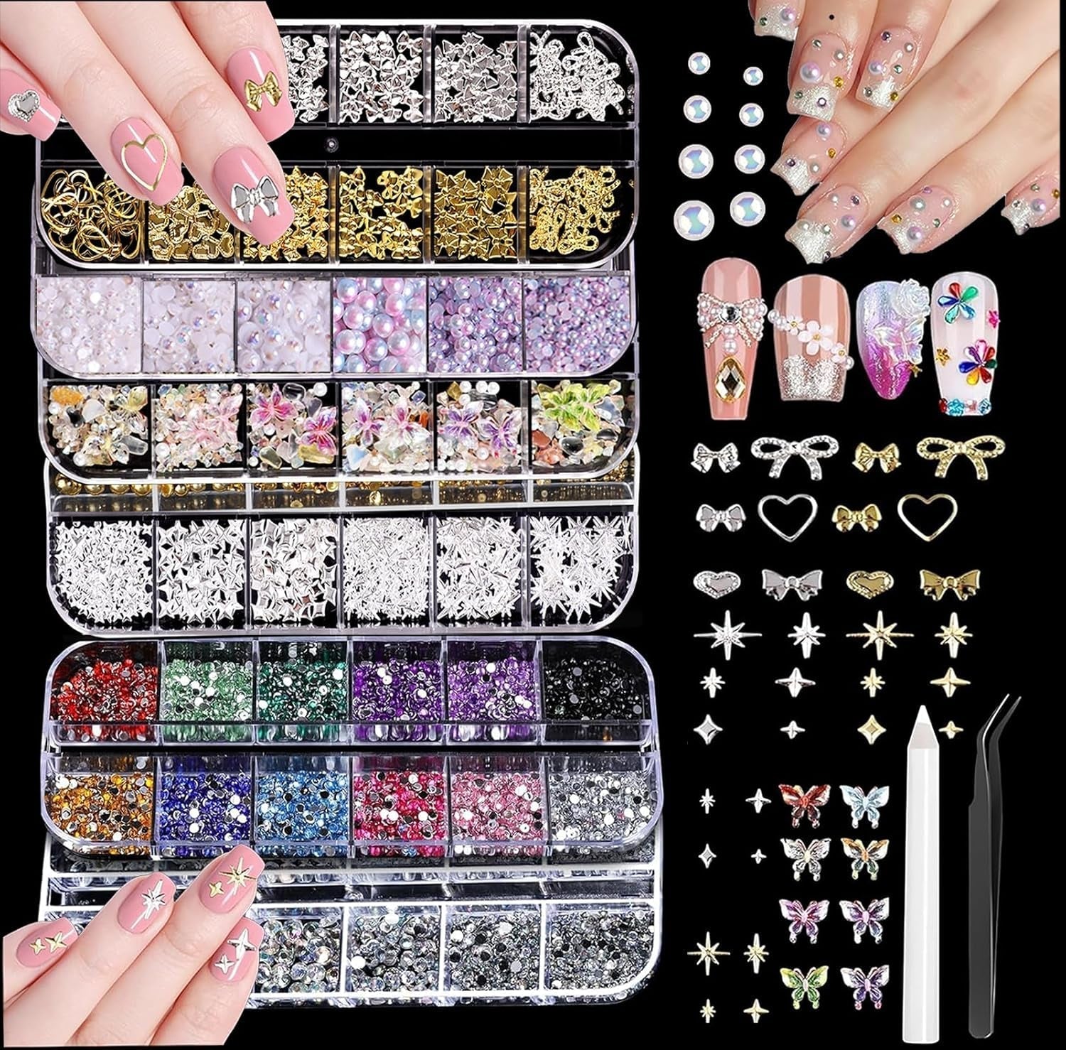 Nail Charms,6 Boxen Gold Silber Nagel Charms 3D Gold Bogen Stern Nail Art Decoratie+6200 Strasssteine ​​Bunt Steine ​​AB Perlen Diamanten,3D Legierung Bow Nail Gems Nagel Deko Für Frauen Nagel (6-A)
