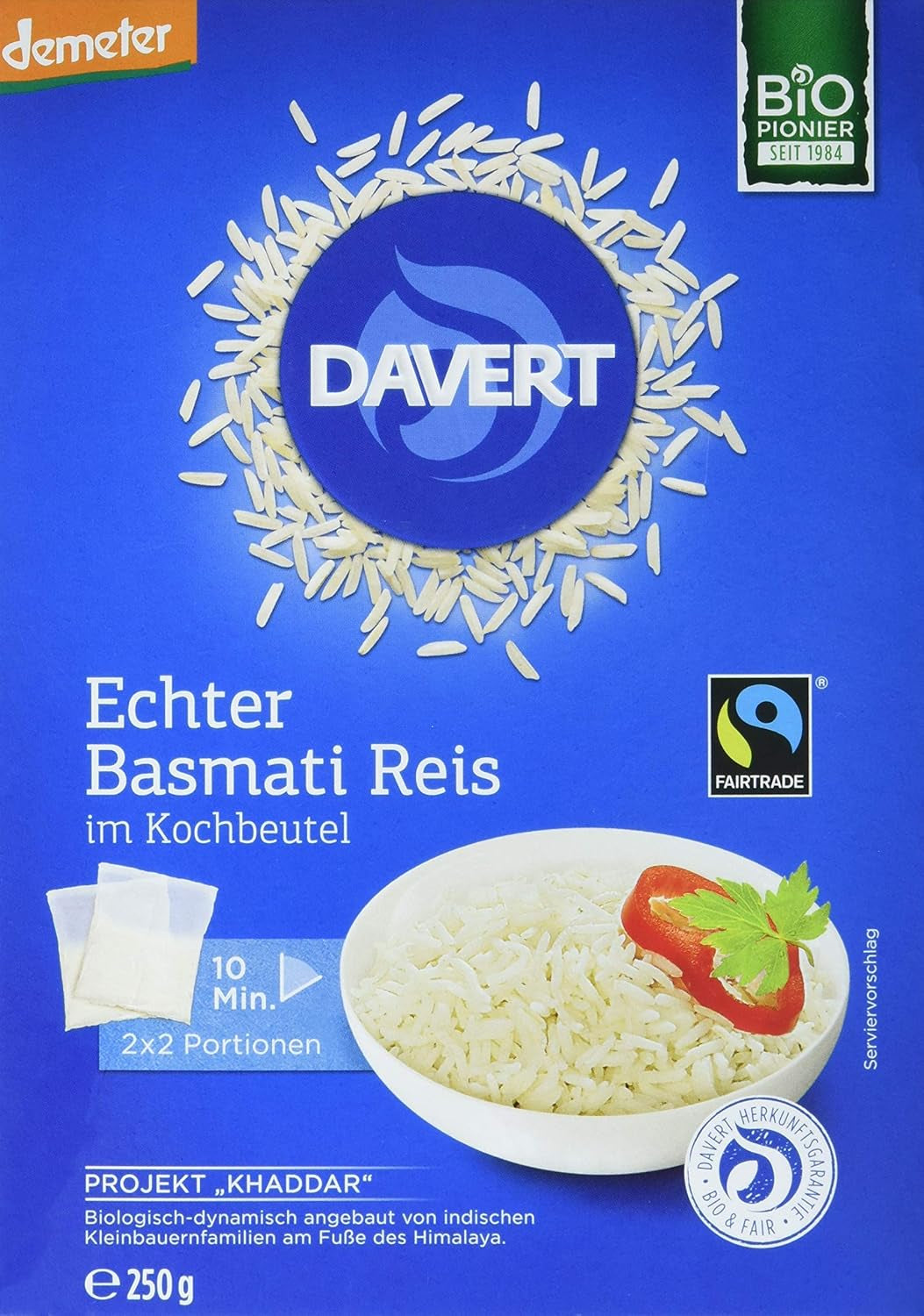 Davert biologische Basmatirijst in kookzakjes, 2 zakjes, 250g