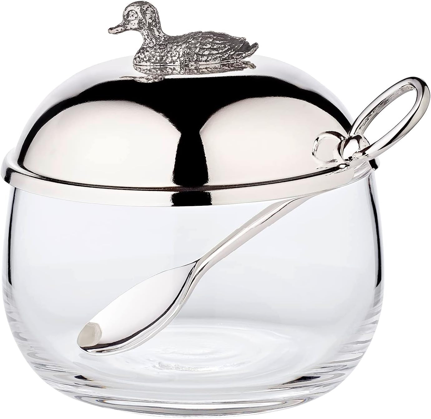 EDZARD eendenjampot (Ø 10 cm) gemaakt van zilver en glas - Doos en lepel - Kom, suikerpot, kaas - Jampot met deksel, opbergruimte met deksel, geschenkdoos met slot