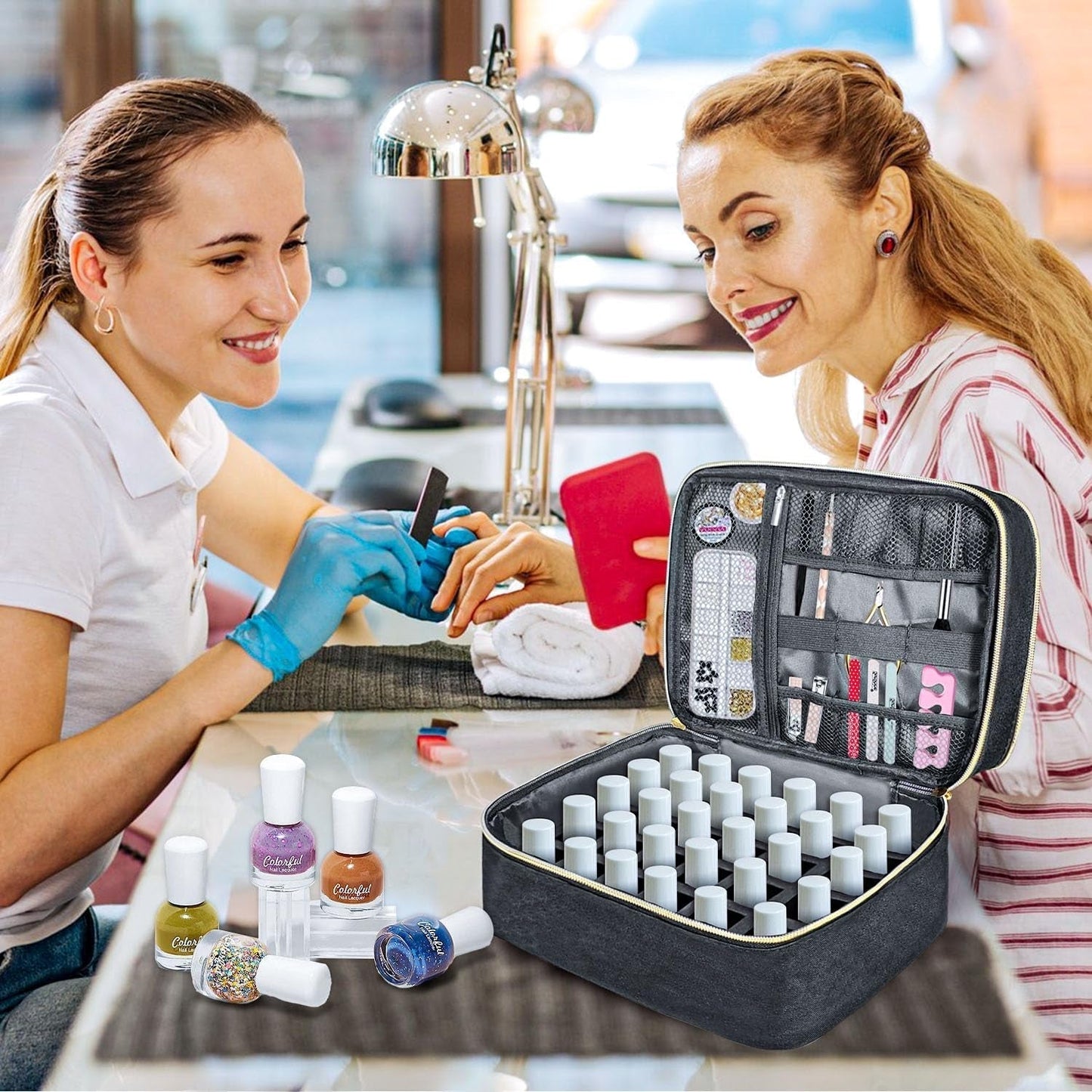 Nail Lacquer Organizer Tasche, Doppelschicht Nail Lacquer Storage Box, Organizer Koffer Für Nageldesign Kosmetiktasche Für 30 Flaschen Neonail Base (15Ml-0.5 Fl.Oz) & 1 nagellamp (zwart)