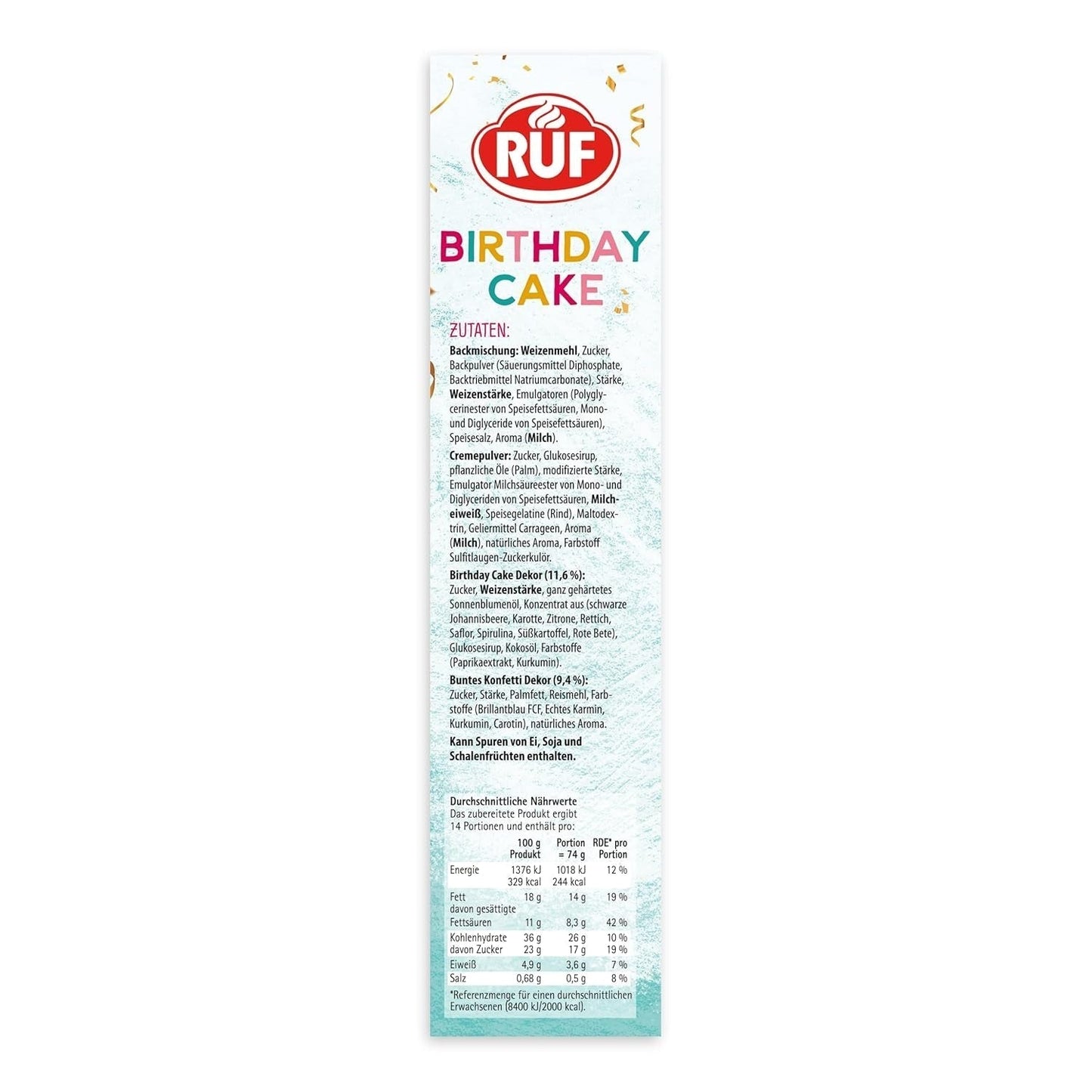RUF Verjaardagstaart, Geburtstagskuchen, Schicht-Torte Aus Rührteig en Konfetti-Streusel, Tortencreme en Buntem Dekor-Mix, Für Kindergeburtstag, Familienfeier, Einschulung, 1X425G Frostings en Decor Naty Shop