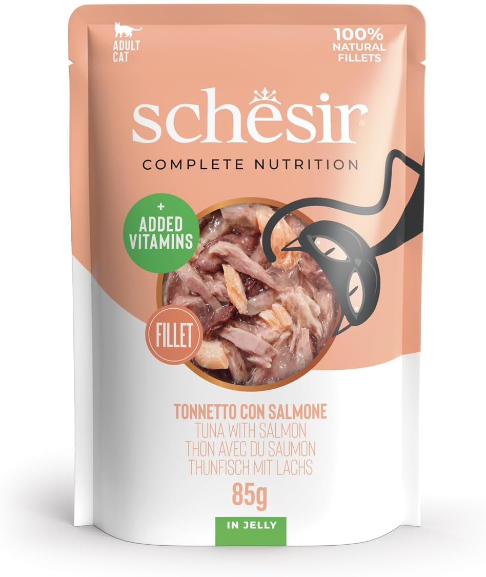 , Tunfisch mit Lachs in Gelee, kompletes Nassfutter für Katzen, im Beutel, 100% natuurlijke inhaltsstoffe, tierversuchfrei, 12 x 85 g