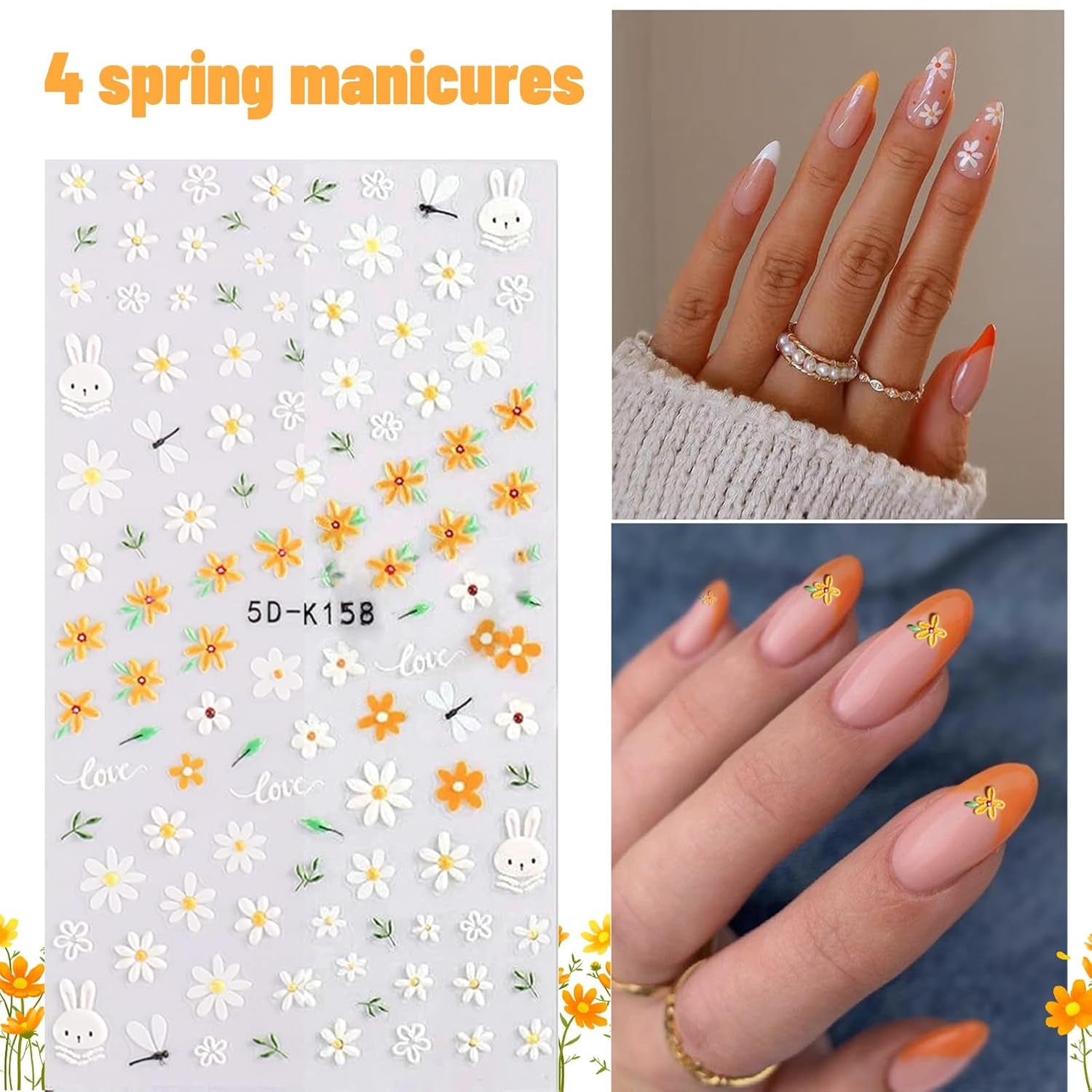 Nagelstickerset voor individuele nageldesign, 4 Blatt Frühlingsthemen Nail Art Zubehör, Perfect voor 3D-gelnagel en UV-gelstrips