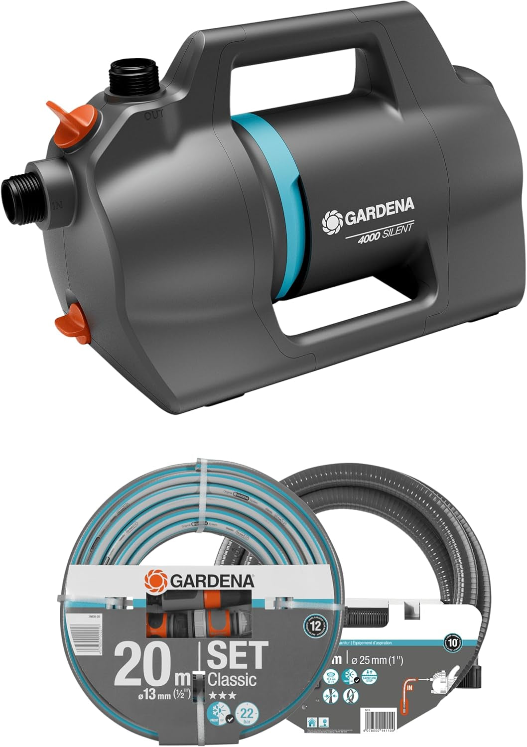 Gardena 4100 Silent tuinpompset: zeer stille en innovatieve irrigatiepomp met 3,5 m zuigaansluiting en 20 m klassieke slang, 4100 l/u stroom, 550 W motor, waterdicht, zuinig (9051-20)