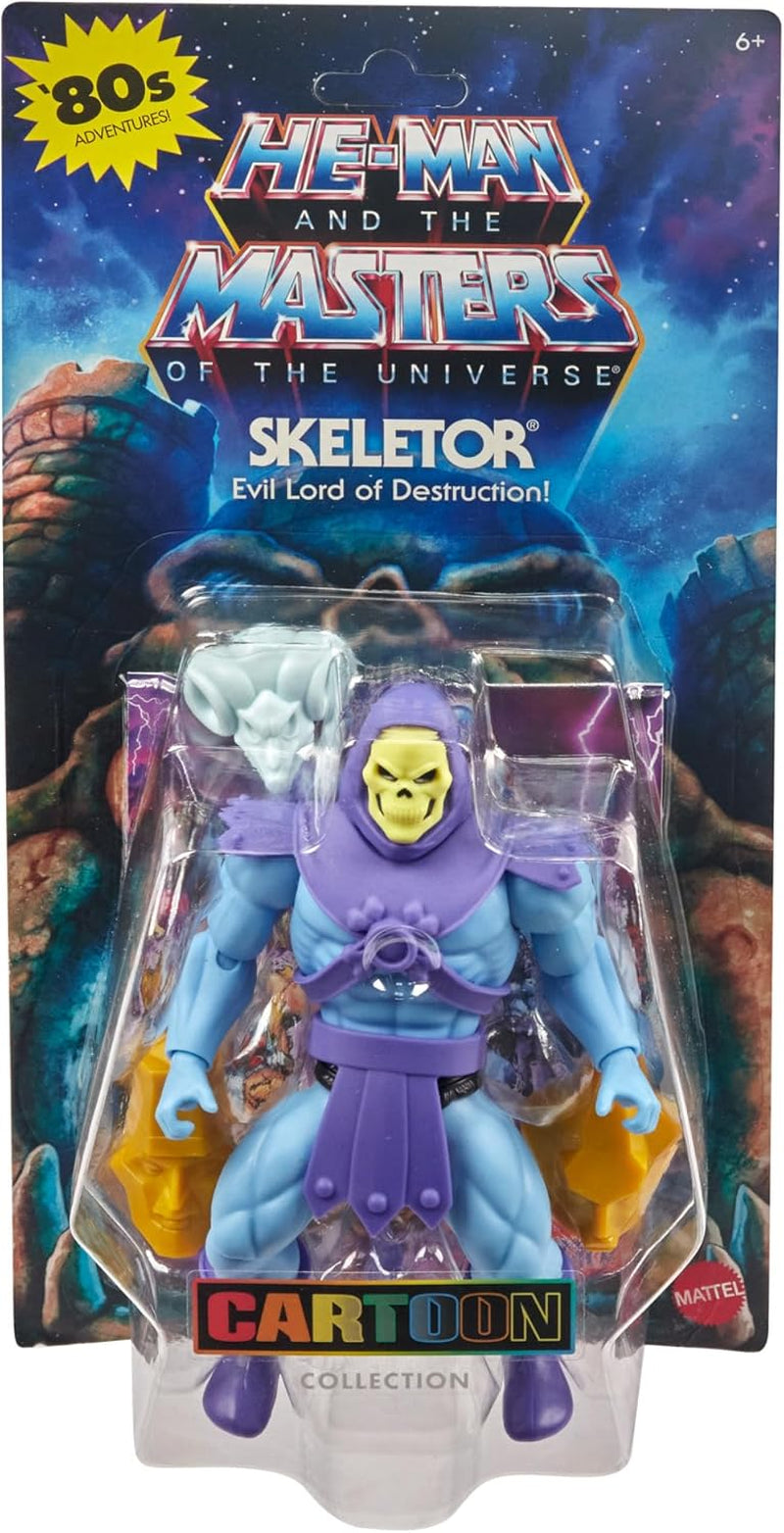 Masters of the Universe Origins speelgoed, skeletfiguur uit de tekenfilmcollectie, staande slechterik ca. 14 cm met pantser, staf, zwaard en 2 maskers, HYD24 Actiefiguren Naty Shop