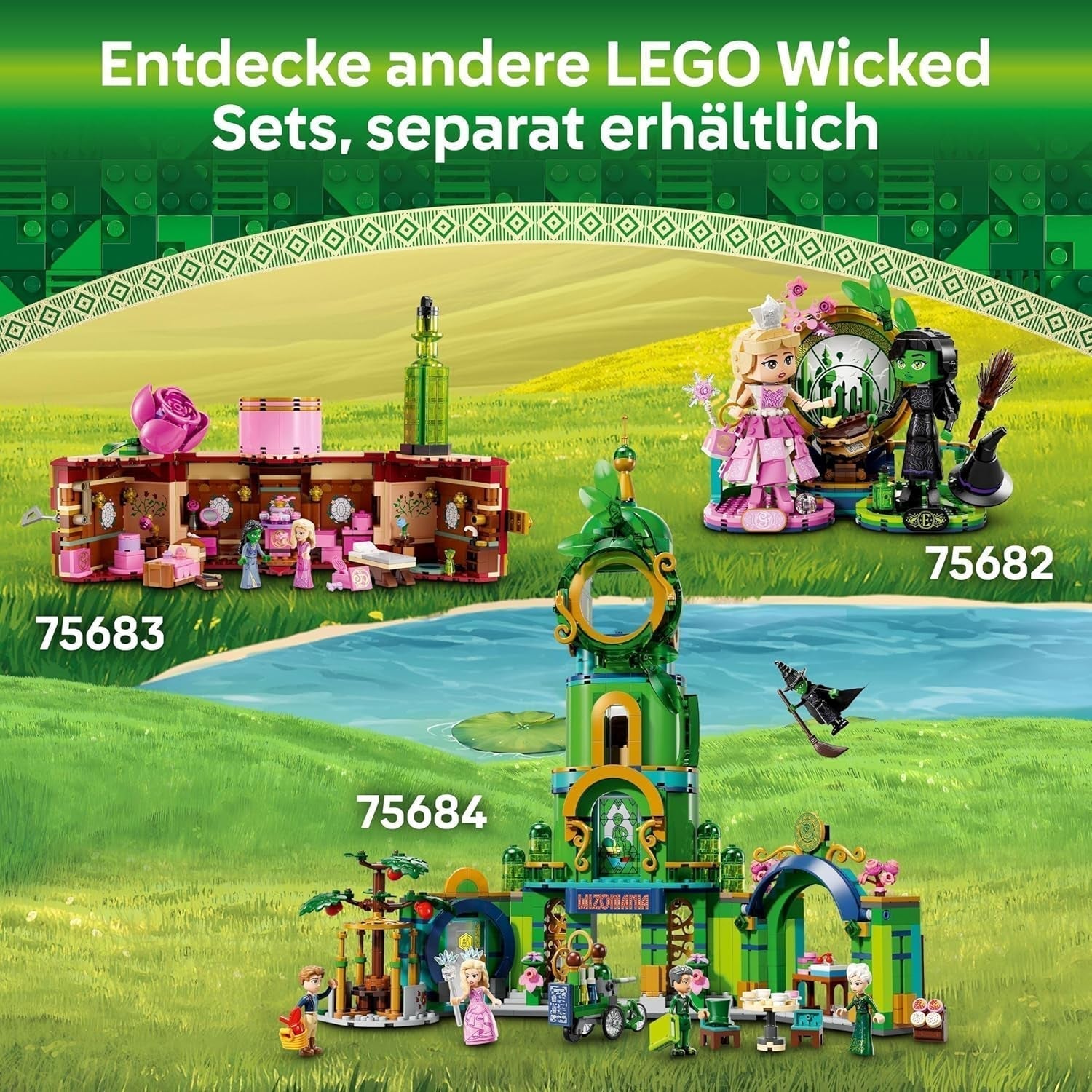 LEGO Wicked Welcome to Emerald City torenspeelgoed, minipoppen van Glinda en Elphaba, cadeau voor filmfans en meisjes en jongens vanaf 9 jaar die van poppenhuizen houden 75684 Bouwsets Besuche in LEGO-Store