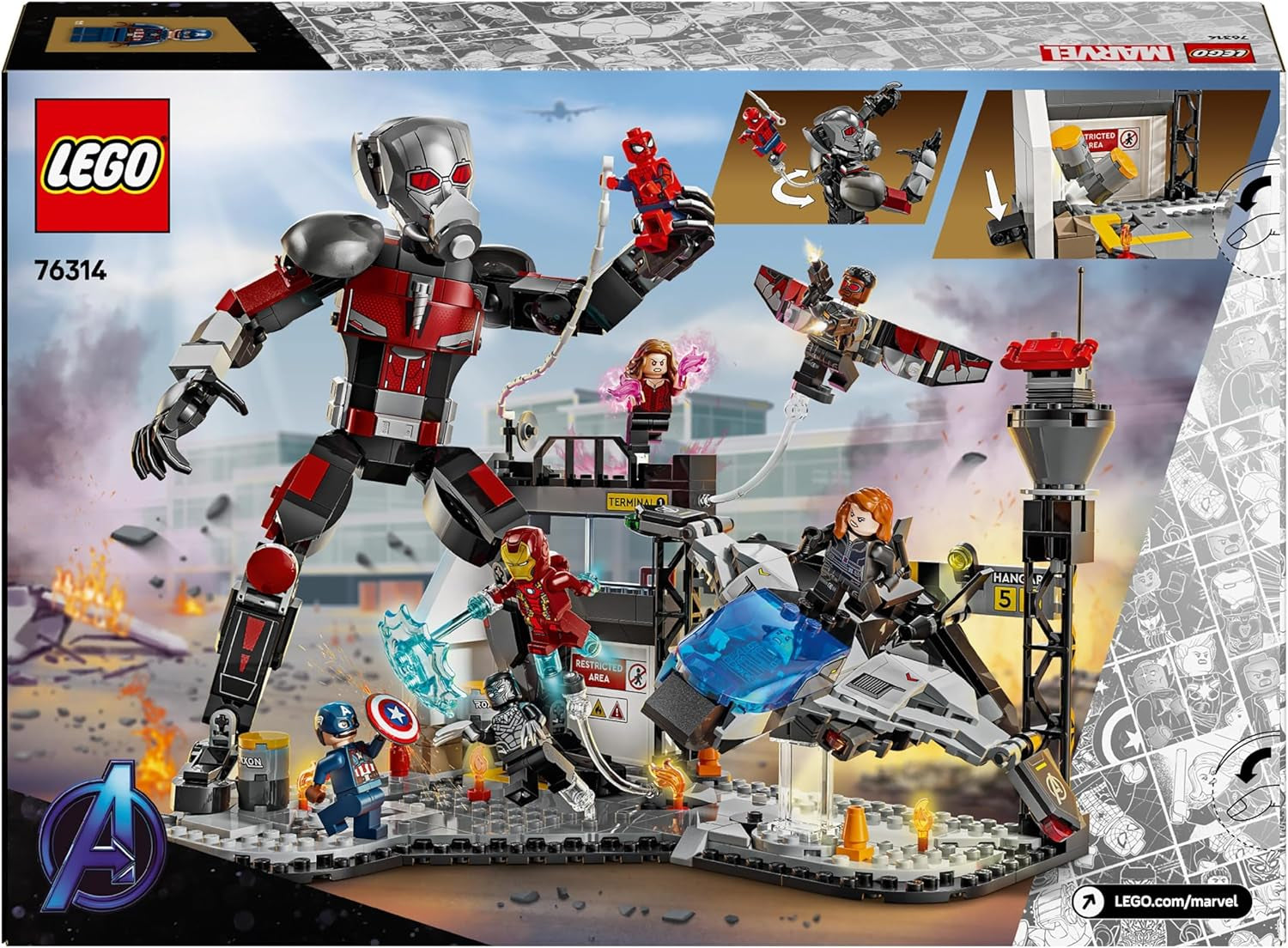 LEGO Marvel Captain America: Civil War Action Duel - Superheldenspeelset met 8 minifiguren - Speelgoedvliegtuigbouw- en speelset - Cadeau voor jongens en meisjes 76314 Bouwsets Besuche in LEGO-Store