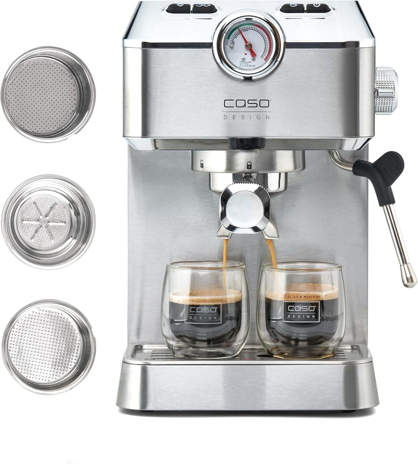 Caso Espresso Gourmet - Espressomachine met portafilter van roestvrij staal, krachtige Ulka-pomp van 19 bar, met melkopschuimer, voor gemalen koffie of ESE-koffiecapsules, voor 2 kopjes, met kopjeswarmer