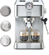 Caso Espresso Gourmet - Espressomachine met portafilter van roestvrij staal, krachtige Ulka-pomp van 19 bar, met melkopschuimer, voor gemalen koffie of ESE-koffiecapsules, voor 2 kopjes, met kopjeswarmer