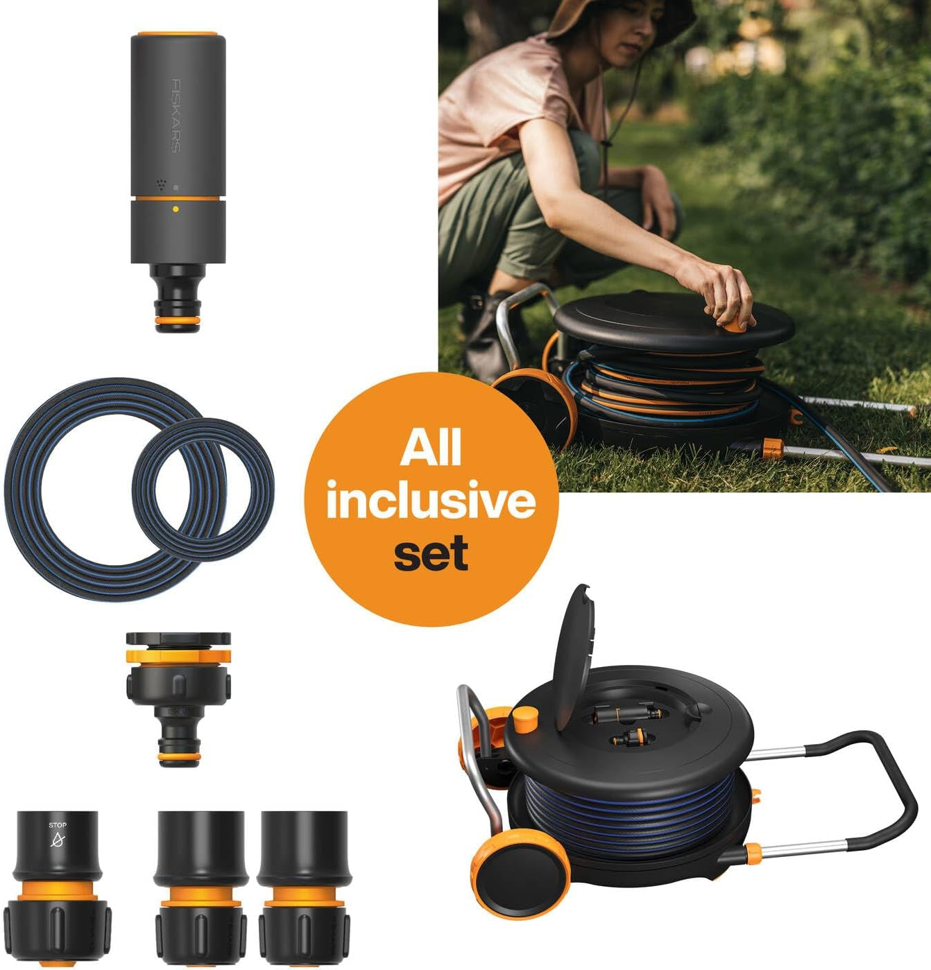 Fiskars Comfort L waterrad met wielen, all-inclusive bewateringsset, totaal bereik van 31,5 m, automatisch oprollen, universele tuinslang (Ø 13 mm), universele kraanaansluiting, 1071670