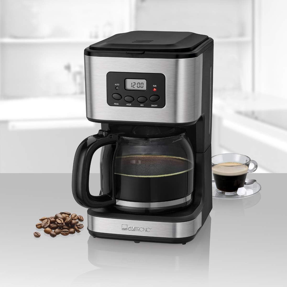 Clatronic® koffiezetapparaat met timer, 1,5 liter karaf voor 12-14 koppen koffie, 24u LCD timer, warmhoudfunctie, antidruppel, verwijderbaar filter, display en indicatielampjes, 900W - KA 3642