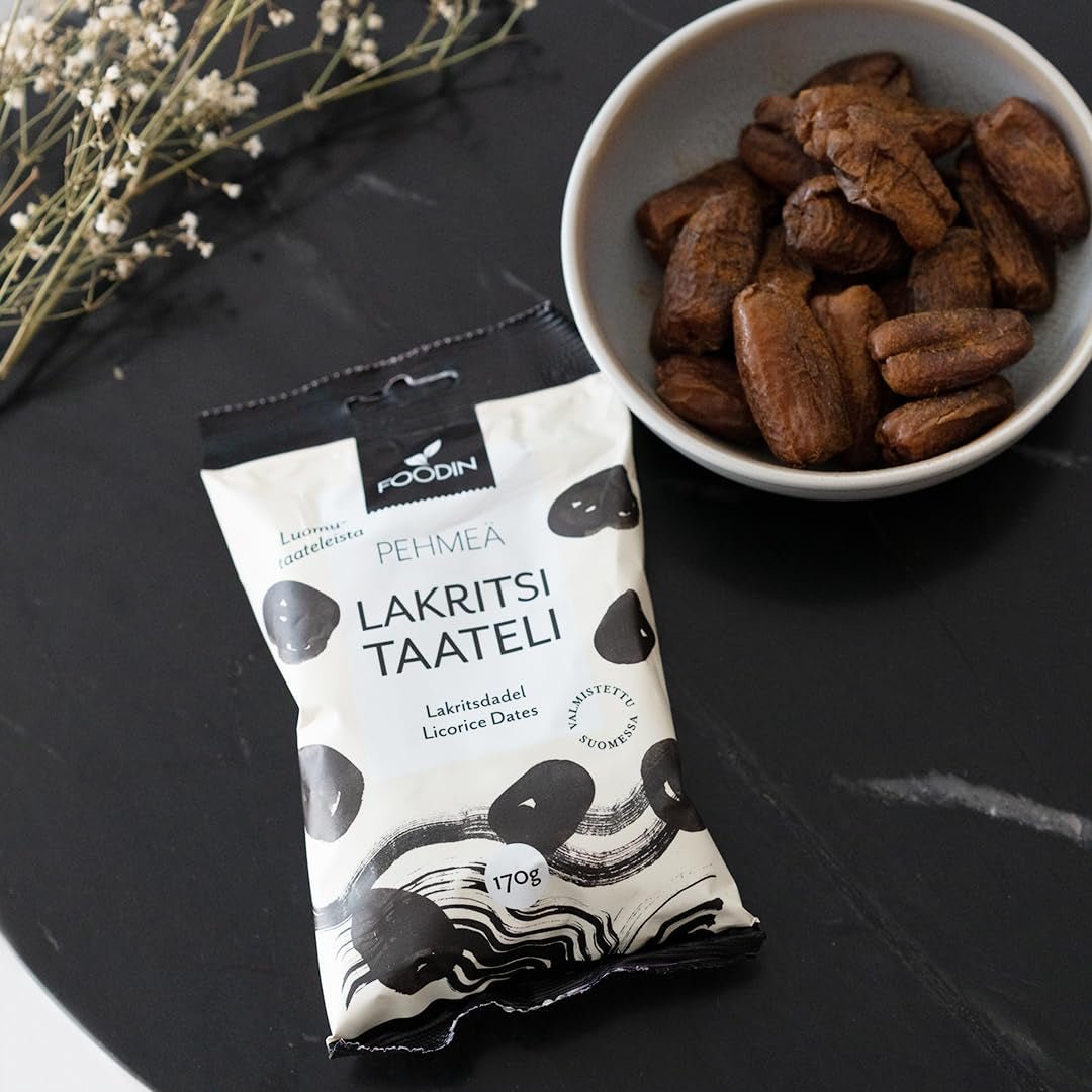 Foodin data Veganistische, glutenvrije, zachte, zoete en gezonde lekkernijen Gedroogd fruit met zoethoutpoeder voor tussendoortjes, bakken en meer - Gemaakt in Vaajakoski (3x170g) Gedroogde producten Naty Shop