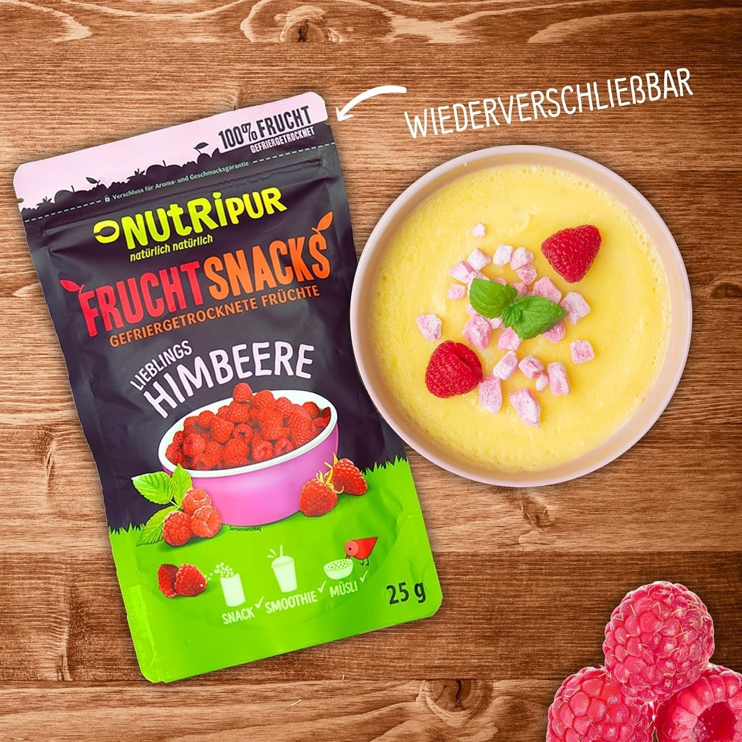 Gevriesdroogd fruit: 100g gevriesdroogde frambozen voor smoothie bowls, muesli, paptoppings - gevriesdroogde bessen zonder toegevoegde suiker - gevriesdroogde bessen - fruit van NutriPur Gedehydrateerde producten Naty Shop
