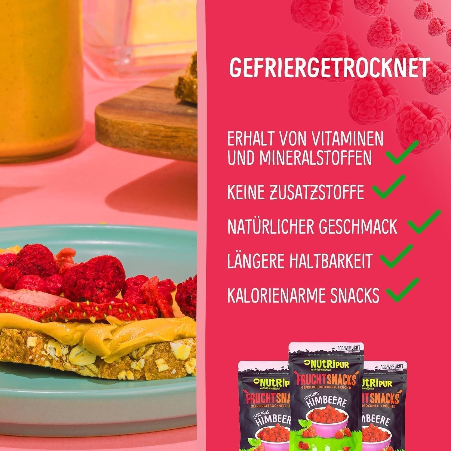 Gevriesdroogd fruit: 100g gevriesdroogde frambozen voor smoothie bowls, muesli, paptoppings - gevriesdroogde bessen zonder toegevoegde suiker - gevriesdroogde bessen - fruit van NutriPur Gedehydrateerde producten Naty Shop
