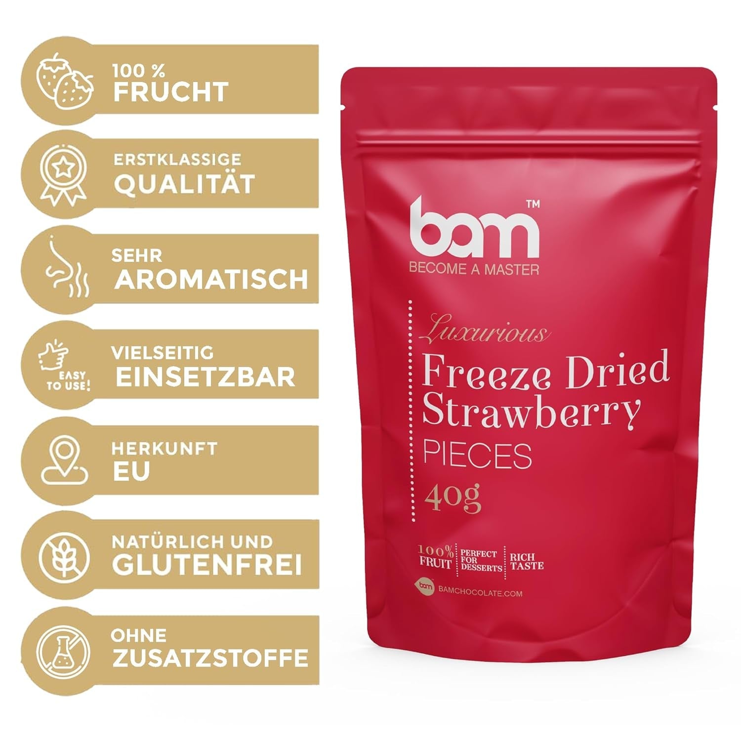 Gevriesdroogd fruit BAM, 40 gram, natuurlijk fruit, perfecte desserts, rijke smaak (aardbei) Gedroogde producten Naty Shop