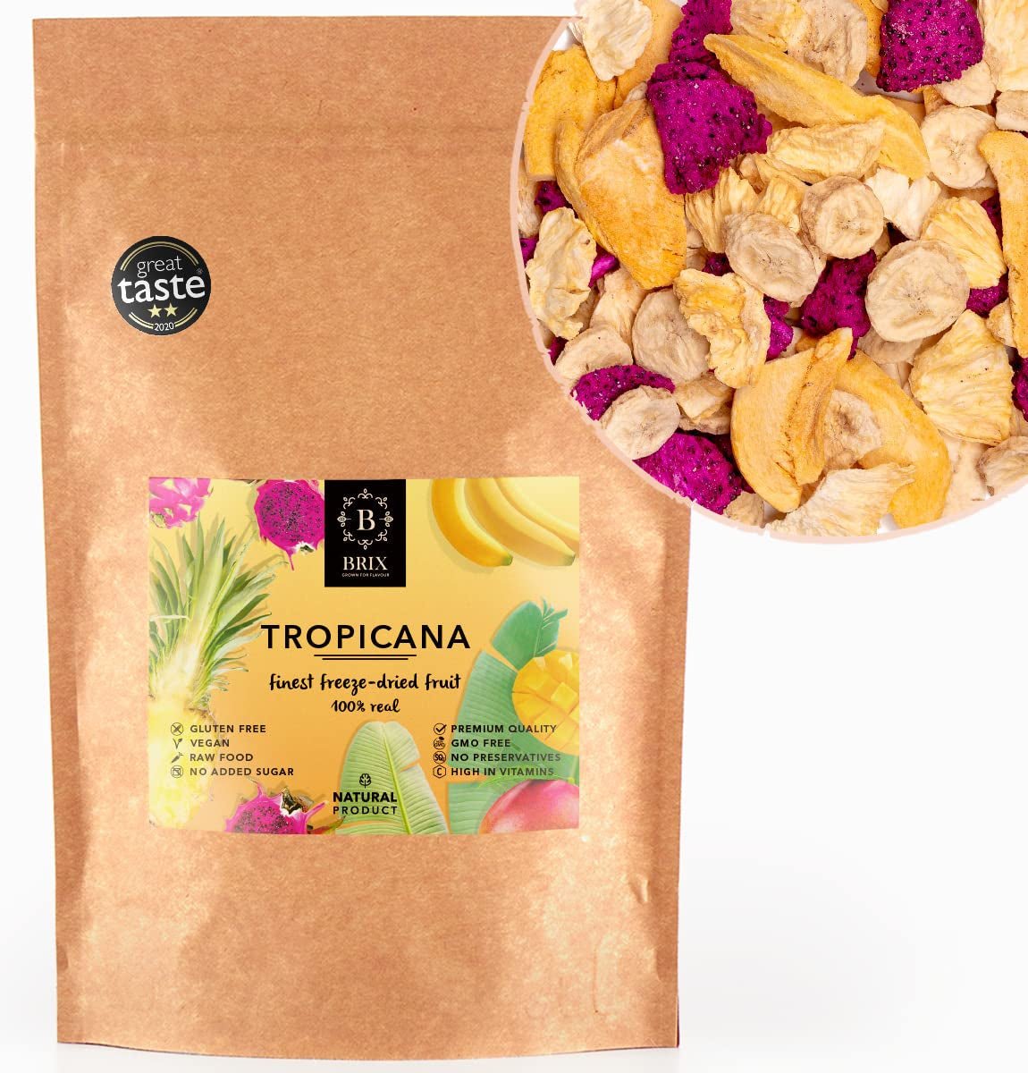 Gevriesdroogd fruit BRIX | Natuurlijk, droog mengsel van tropisch fruit 80 g | Great Taste Award voor gedroogd fruit | Niet-GMO, glutenvrij, veganistisch, vitaminen zijn bewaard Naty Shop Gedehydrateerde producten Standaardtitel