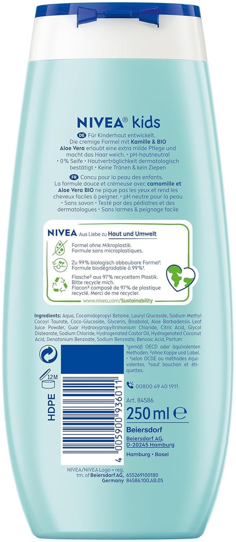 Douchegel, shampoo en conditioner NIVEA KIDS 3in1, verzorging en reiniging voor kinderen met magische appelgeur, extra milde, zeepvrije verzorging voor kinderhaar en huid (250 ml) Kinderen - Bad- en huidverzorging Naty Shop