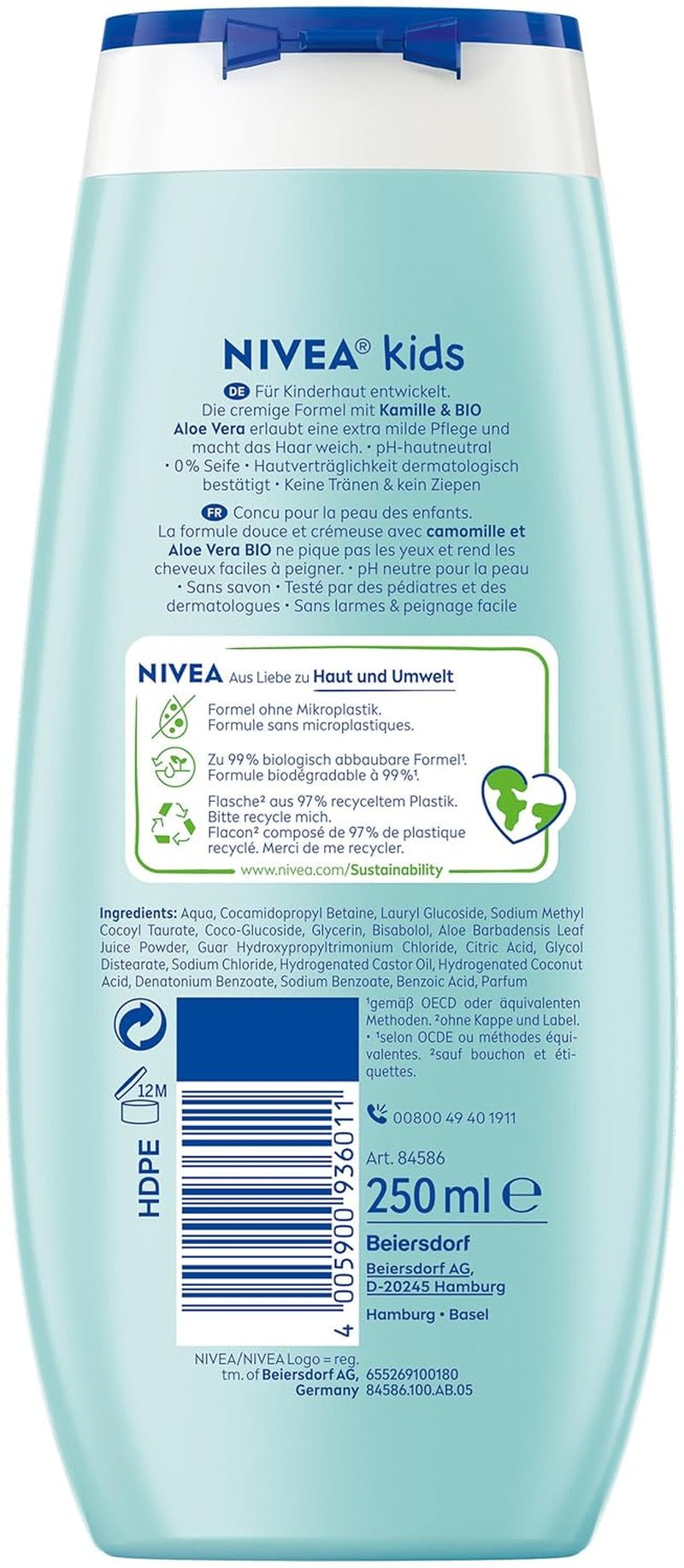 Douchegel, shampoo en conditioner NIVEA KIDS 3in1, verzorging en reiniging voor kinderen met magische appelgeur, extra milde, zeepvrije verzorging voor kinderhaar en huid (250 ml) Kinderen - Bad- en huidverzorging Naty Shop
