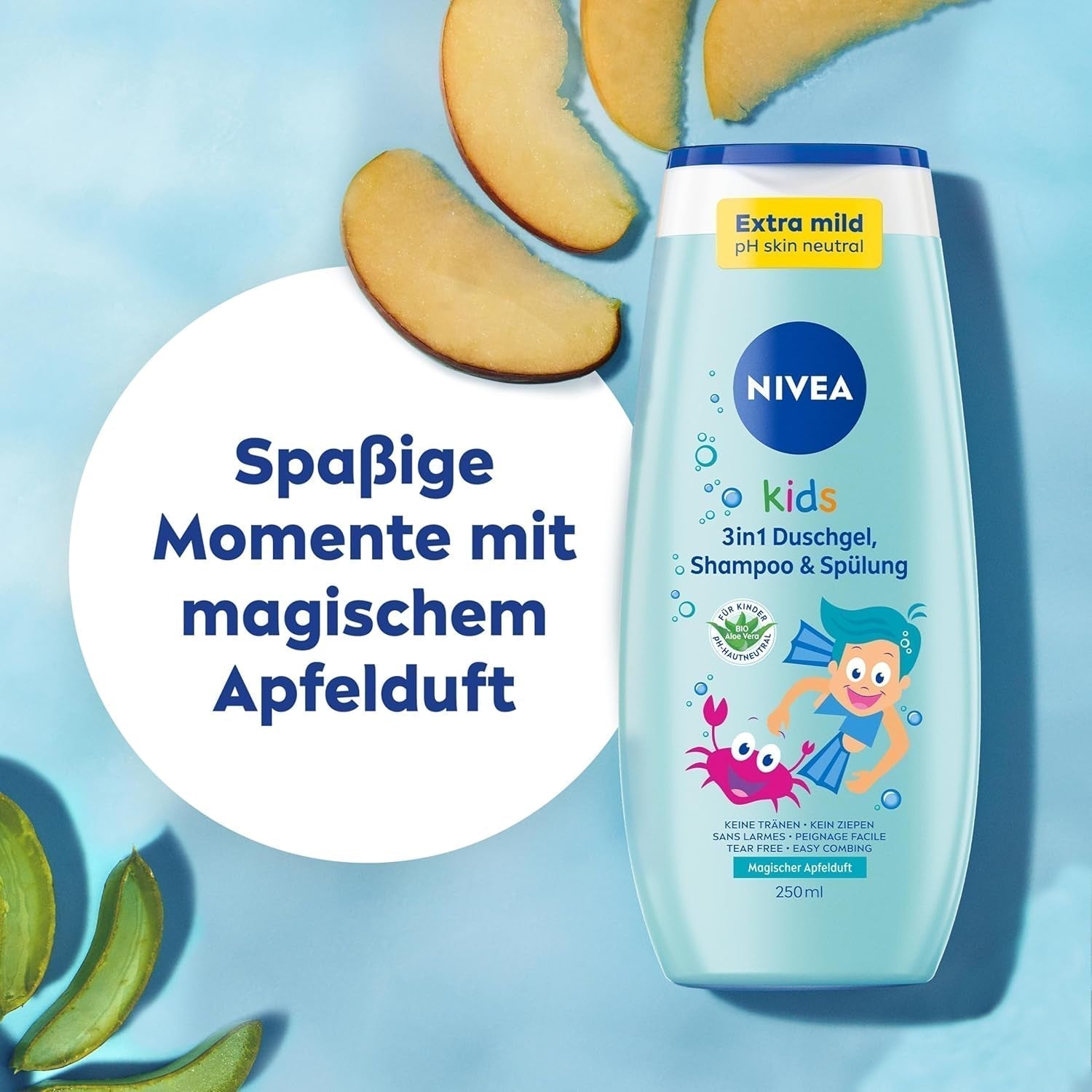 Douchegel, shampoo en conditioner NIVEA KIDS 3in1, verzorging en reiniging voor kinderen met magische appelgeur, extra milde, zeepvrije verzorging voor kinderhaar en huid (250 ml) Kinderen - Bad- en huidverzorging Naty Shop