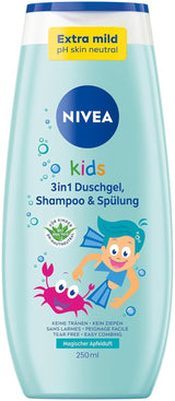 Douchegel, shampoo en conditioner NIVEA KIDS 3in1, verzorging en reiniging voor kinderen met magische appelgeur, extra zachte, zeepvrije verzorging voor kinderhaar en huid (250 ml) Kinderen - Bad- en Huidverzorging Naty Shop Appelgeur - 0 microplastics