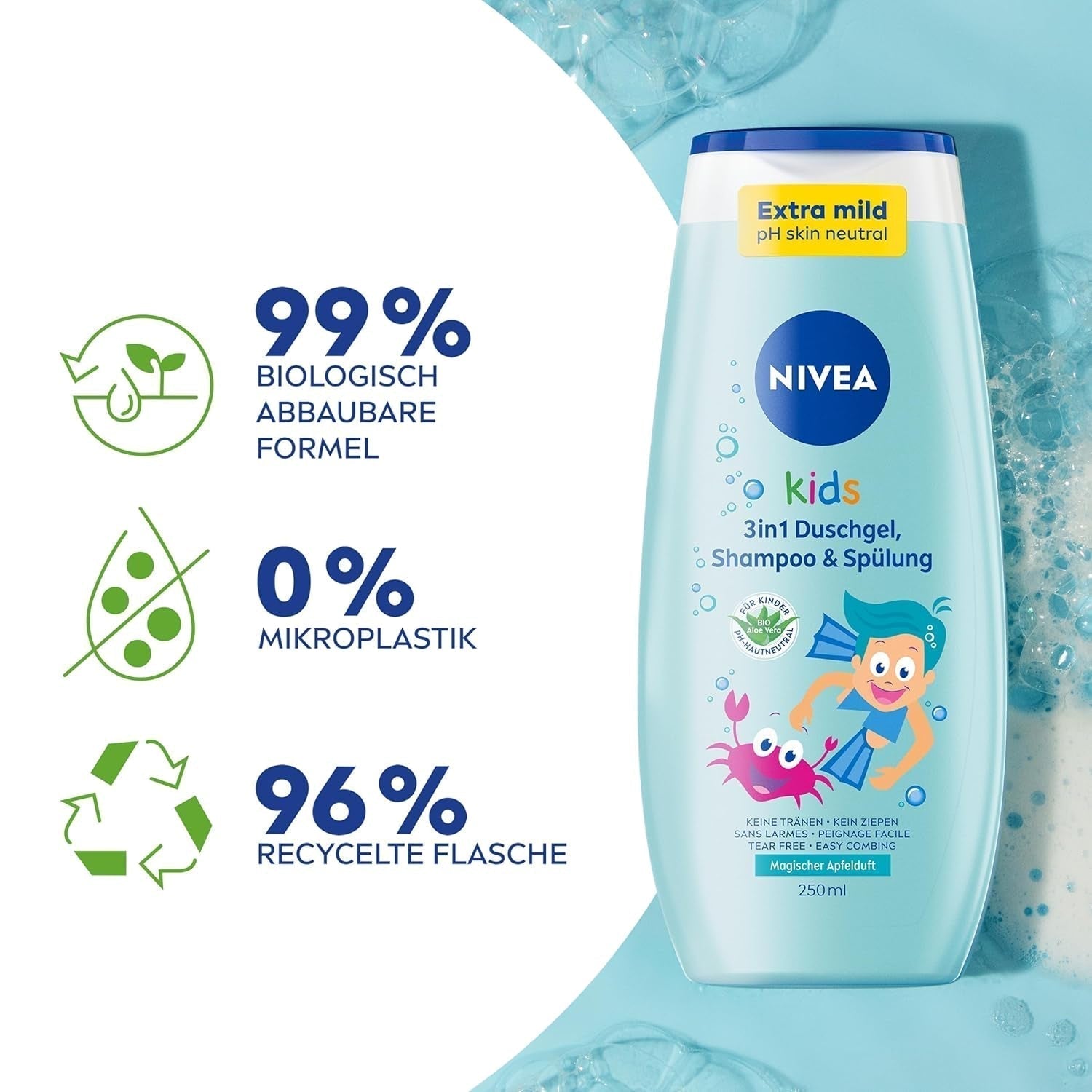 Douchegel, shampoo en conditioner NIVEA KIDS 3in1, verzorging en reiniging voor kinderen met magische appelgeur, extra milde, zeepvrije verzorging voor kinderhaar en huid (250 ml) Kinderen - Bad- en huidverzorging Naty Shop