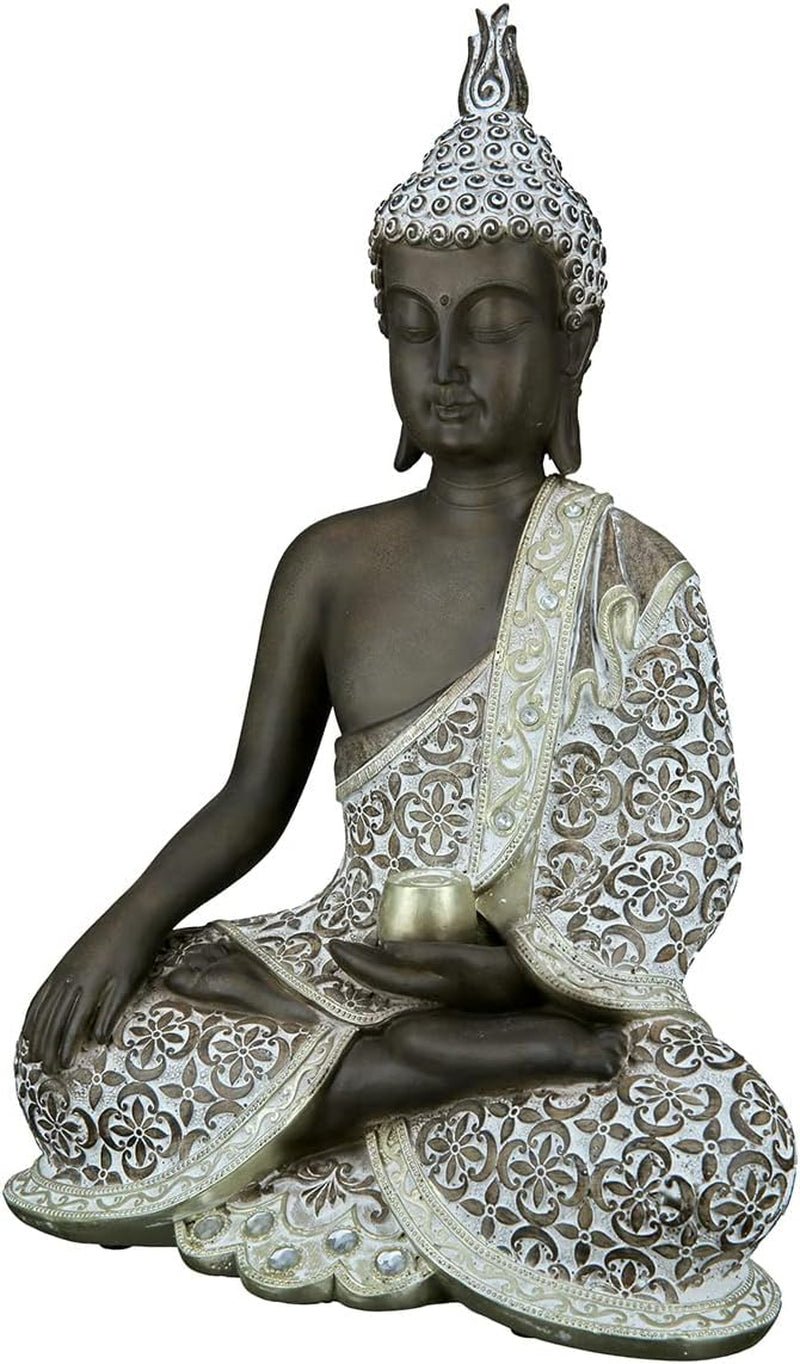 GILDE Decoratieve sculptuur Zittende Boeddha - Meditatie - bruin/wit - Hoogte 29 cm Beeldjes en sculpturen Naty Shop Bruin Hoogte 35 cm