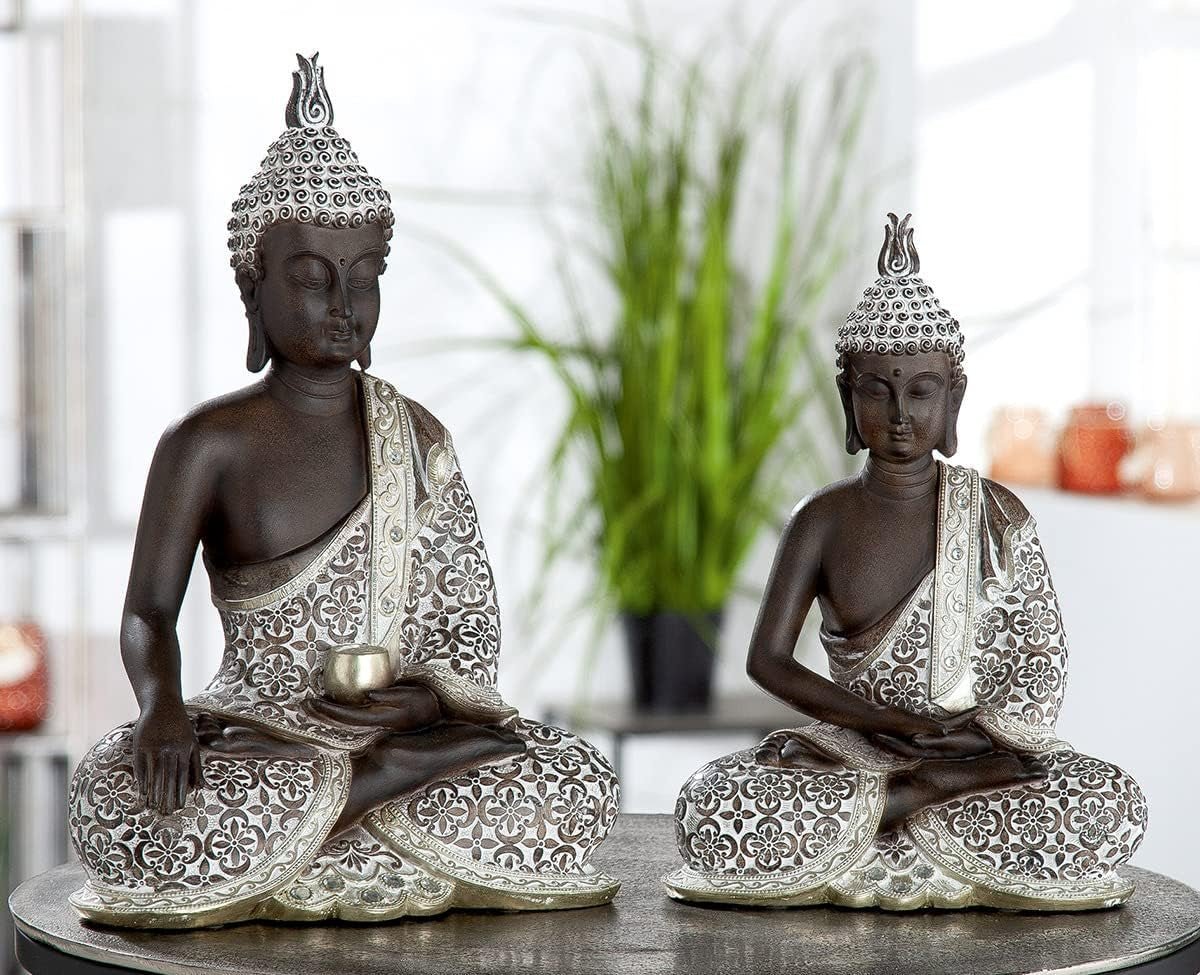 GILDE Decoratieve sculptuur Zittende Boeddha - Meditatie - bruin/wit - Hoogte 29 cm Beeldjes en sculpturen Naty Shop