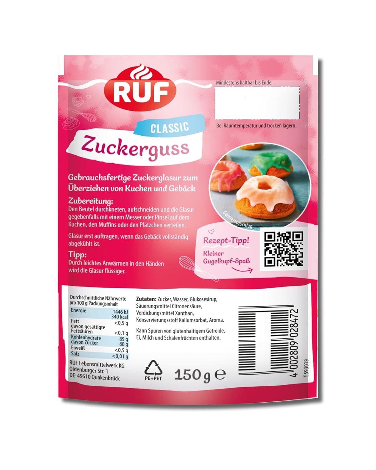 Kant-en-klaar RUF-glazuur, kan onmiddellijk worden gebruikt zonder te mengen, glazuur voor koekjes en cakes, als basissuikerglazuur of voor kleur- en smaakstoffen, 1 x 150 g (pak van 4) Naty Shop Suikerpasta