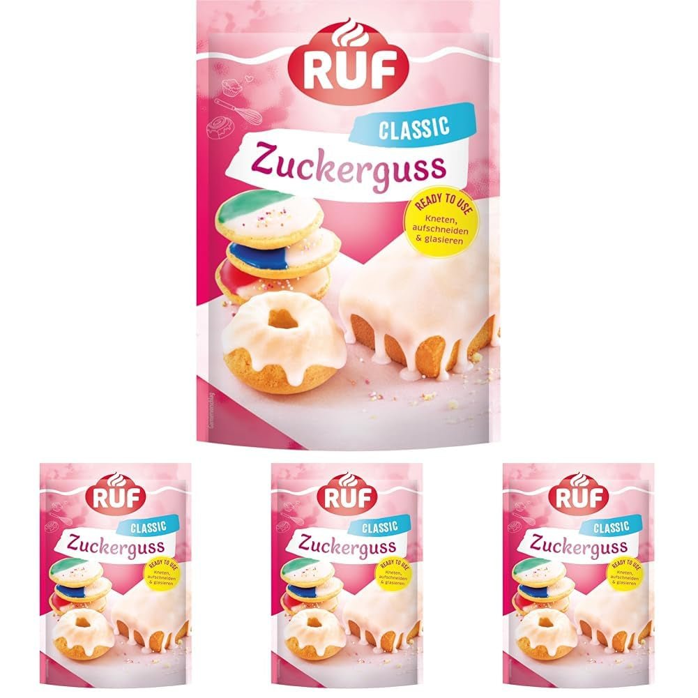 RUF glazuur klaar voor gebruik, direct te gebruiken zonder mengen, glazuur voor koekjes en cakes, als basissuikerglazuur of voor kleur- en smaakstoffen, 1 x 150 g (pak van 4) Naty Shop suikerpasta 150 g (pak van 4) Wit