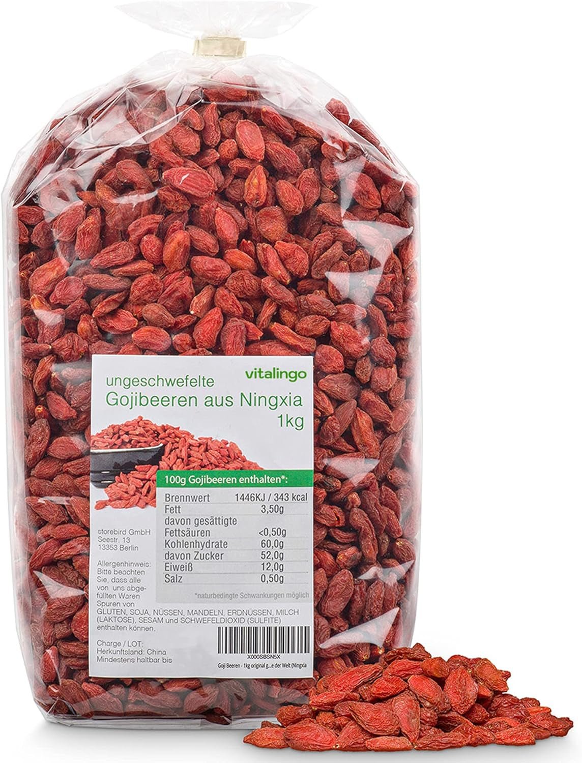 Gojibessen - 1 kg gedroogde en ongezwavelde gojibessen uit een van de best groeiende regio's ter wereld, Ningxia China Gedroogde producten Naty Shop Standaard titel