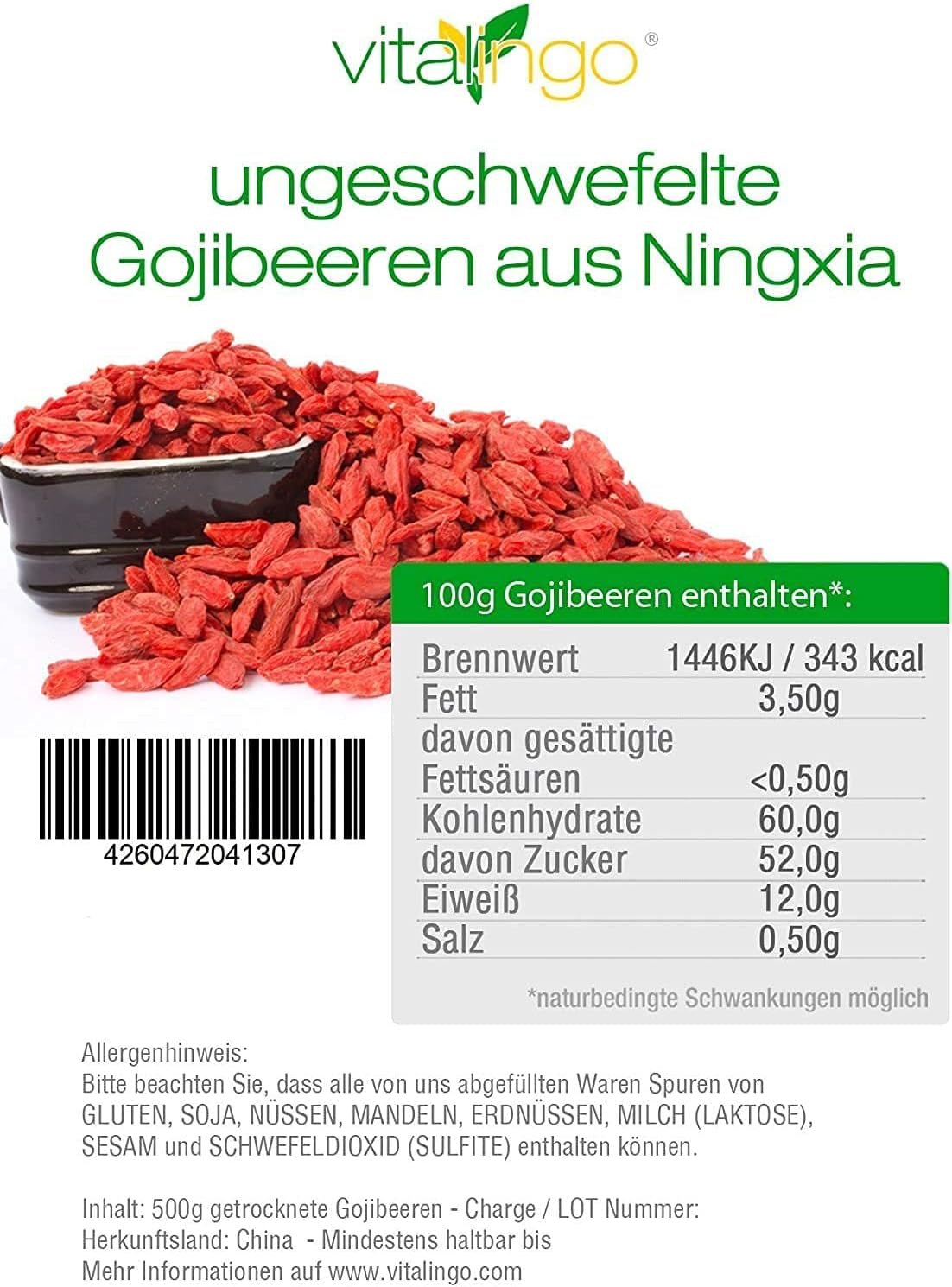 Gojibessen - 1 kg gedroogde en ongezwavelde gojibessen uit een van de best groeiende regio's ter wereld, Ningxia China Gedroogde producten Naty Shop