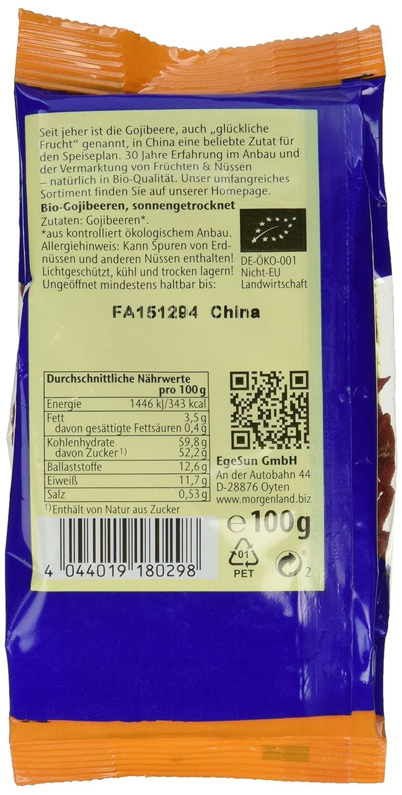 Gojibessen 100g biologisch gedroogd fruit, 1 pakje (1 x 100g) Gedroogde producten Mijn winkel