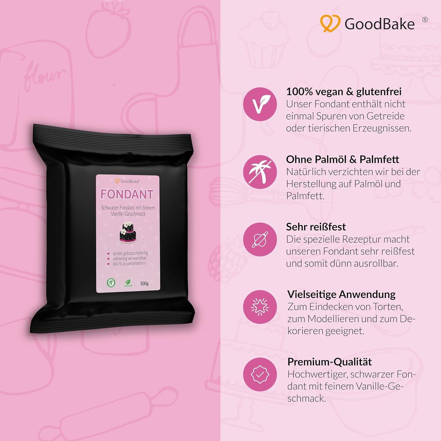 GoodBake zwarte fondant 500g, rolfondant voor het bekleden, vormen, decoreren van taarten, figuren, suikerbloemen en meer, palmolievrij, veganistisch, glutenvrij Suikerpasta Naty Shop