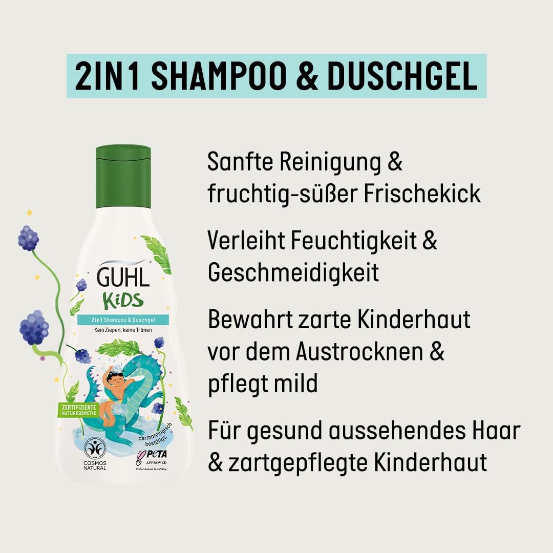 Guhl Kids Dino voordeelset - 2x Guhl Kids 2 in 1 Shampoo & Douchegel, 250ml + 1x Pixi book - Speciaal ontwikkeld voor kinderen - Niet trekken - Cosmos Natural Certificate Children - Bad- en huidverzorging Naty Shop