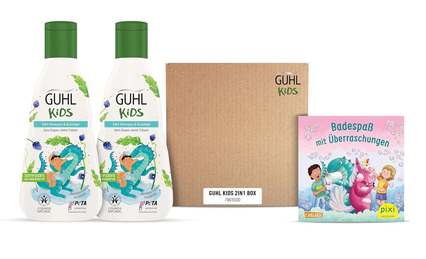 Guhl Kids Dino voordeelset - 2x Guhl Kids 2 in 1 Shampoo & Douchegel, 250ml + 1x Pixi book - Speciaal ontwikkeld voor kinderen - Niet trekken - Cosmos Natural Certificate Children - Bad- en huidverzorging Naty Shop