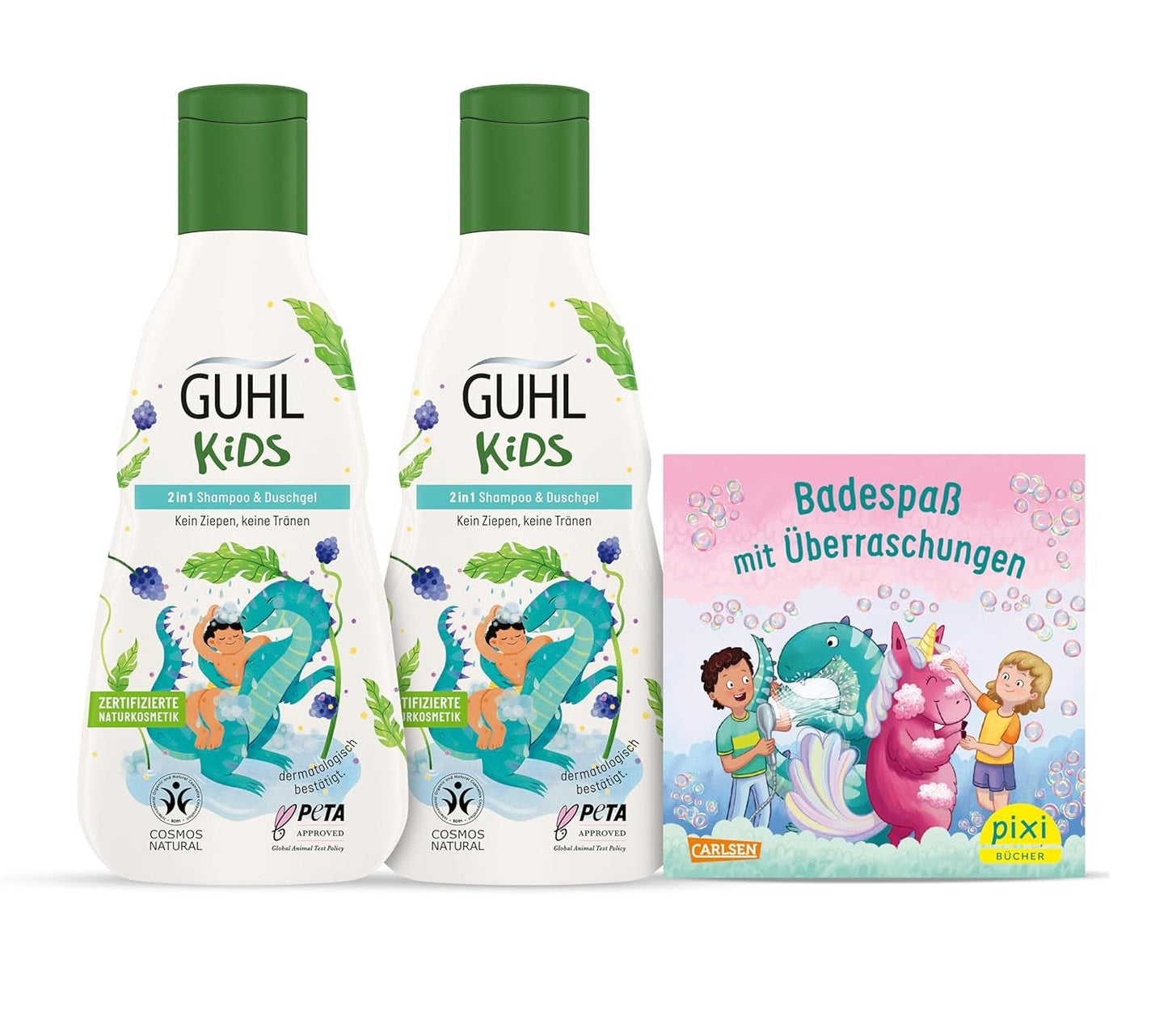 Guhl Kids Dino voordeelset - 2x Guhl Kids 2 in 1 Shampoo & Douchegel, 250ml + 1x Pixi book - Speciaal ontwikkeld voor kinderen - Niet trekken - Cosmos Natural Certificate Children - Bad- en huidverzorging Naty Shop Standaard titel