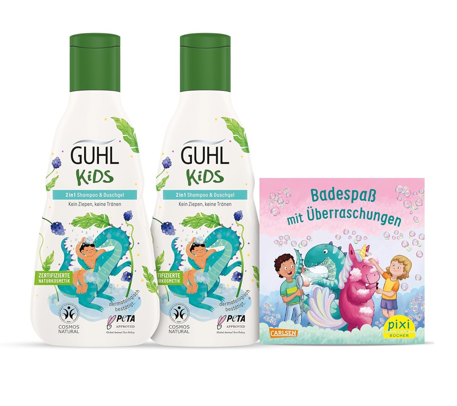 Guhl Kids Dino voordeelset - 2x Guhl Kids 2 in 1 Shampoo & Douchegel, 250ml + 1x Pixi book - Speciaal ontwikkeld voor kinderen - Niet trekken - Cosmos Natural Certificate Children - Bad- en huidverzorging Naty Shop Standaard titel