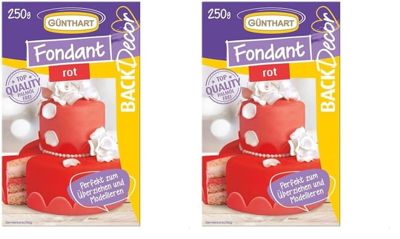 Günthart BackDecor 250 g rode fondant, palmolievrij, scheurbestendig voor het bedekken van taarten en gebak, geschikt voor het modelleren, 2 stuks (1 x 250 g) Naty Shop suikerpasta rood 250 g (2 stuks)