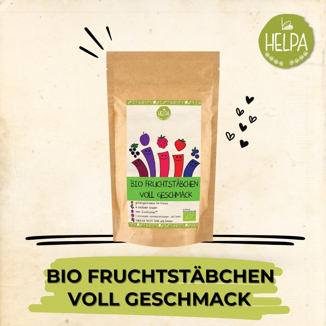 HELPA BIO zakjes met fruitpoeder - fruitige smaken - fruit - aardbeien - frambozen - bosbessen - pruimen - zwarte bessen - 100% gevriesdroogd fruit - babyvoeding Gedroogde producten Naty Shop