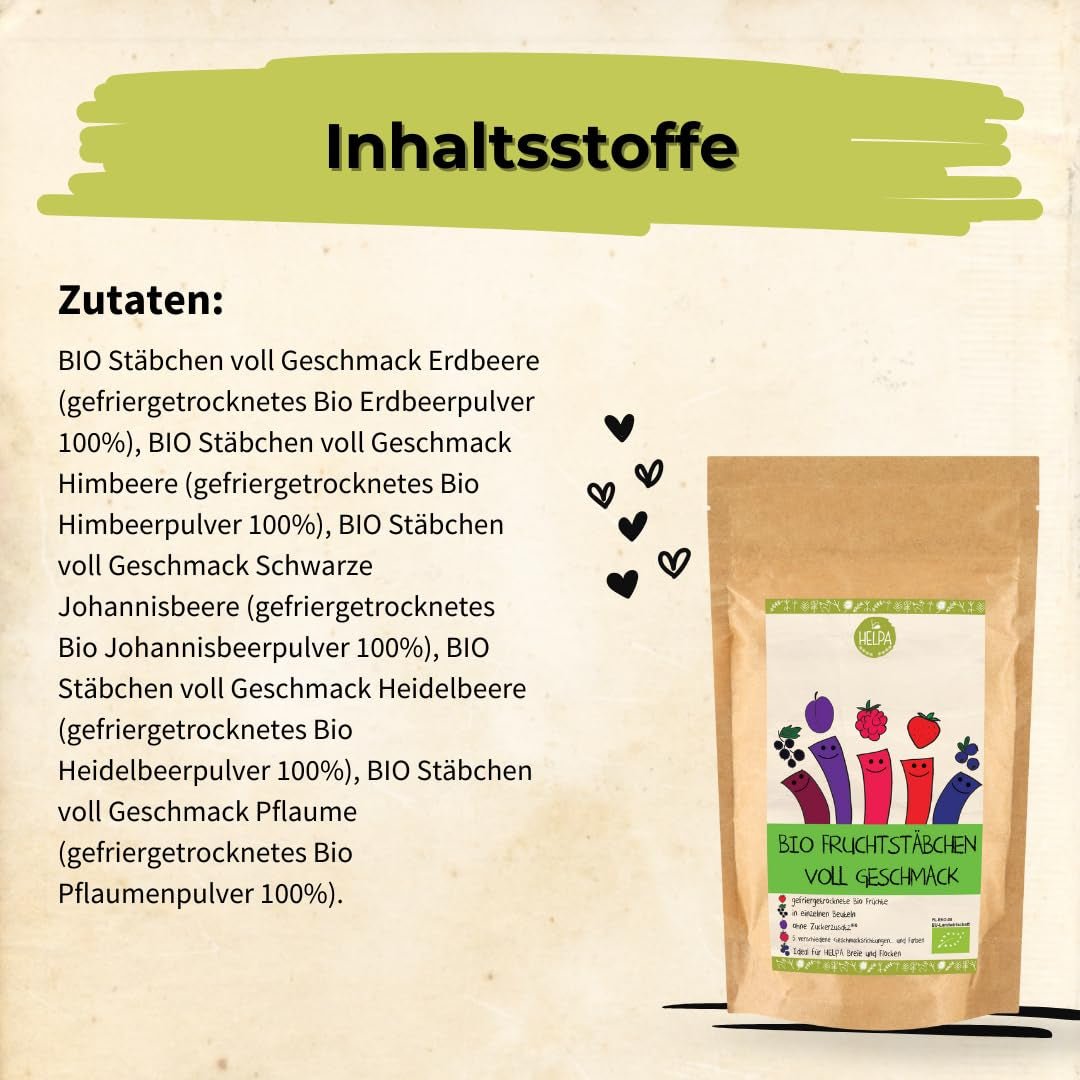 HELPA BIO zakjes met fruitpoeder - fruitige smaken - fruit - aardbeien - frambozen - bosbessen - pruimen - zwarte bessen - 100% gevriesdroogd fruit - babyvoeding Gedroogde producten Naty Shop
