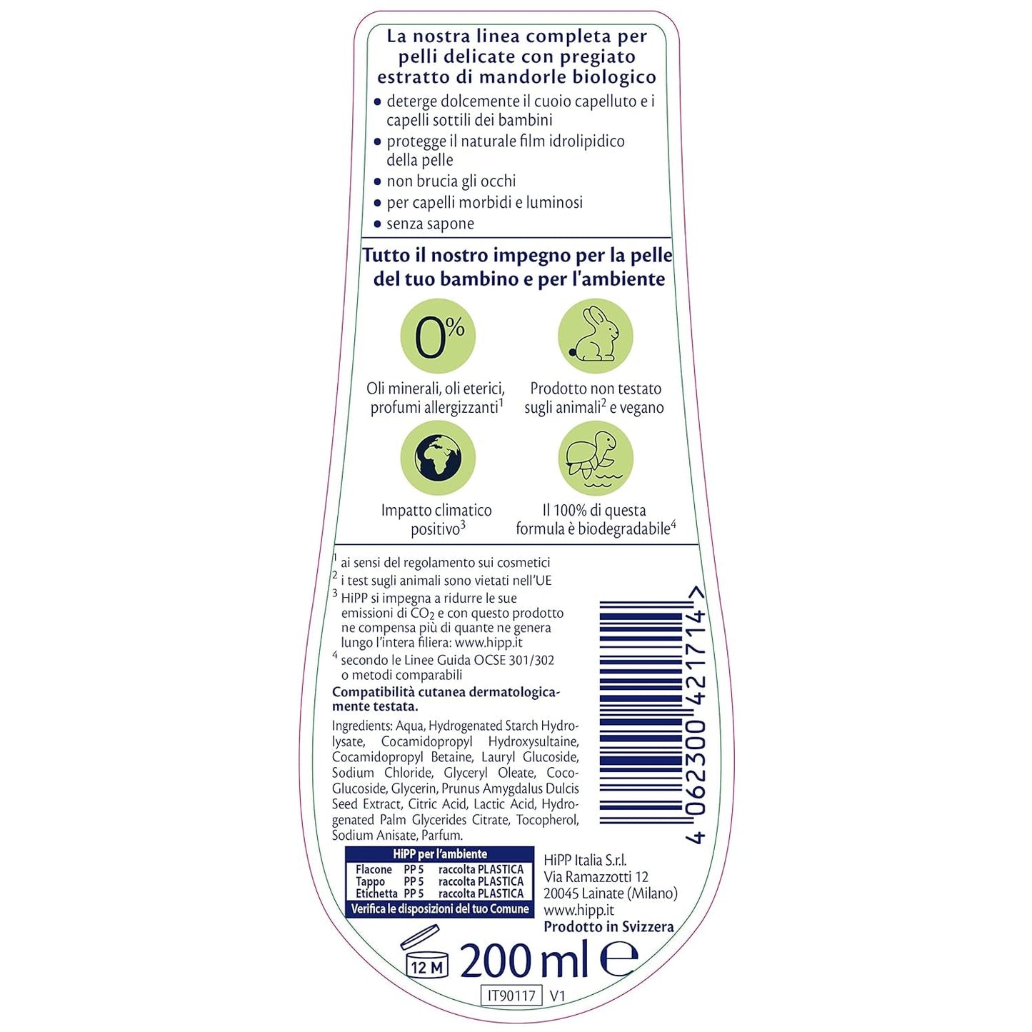 HiPP - Baby Care Zachte shampoo voor kinderen, reinigt en irriteert de ogen zacht, voor de gevoelige huid, met natuurlijk biologisch amandelextract, 1 fles à 200 ml Kinderen - Bad- en huidverzorging Naty Shop