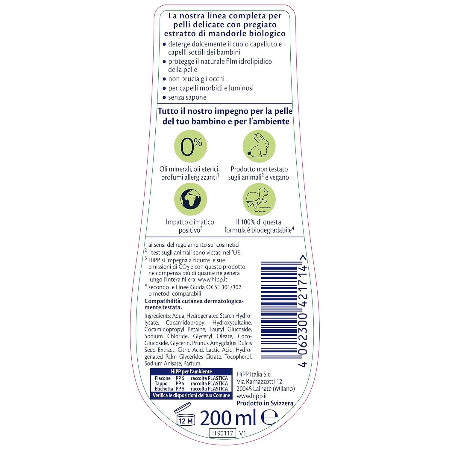 HiPP - Baby Care Zachte shampoo voor kinderen, reinigt en irriteert de ogen zacht, voor de gevoelige huid, met natuurlijk biologisch amandelextract, 1 fles à 200 ml Kinderen - Bad- en huidverzorging Naty Shop